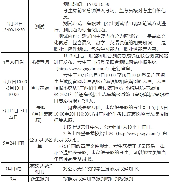 广西职业技术学院对口中职招生日程安排